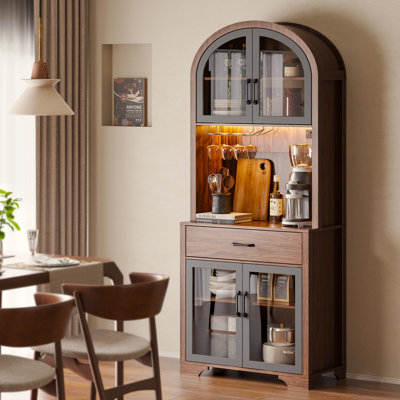  Garde-manger arqué 75 po, station de charge, DEL, porte vitrée, tiroir, tablettes réglables, bar à café pour la cuisine, la salle à manger, le salon, noyer