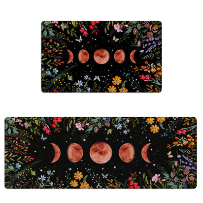 Anti-fatigue Kitchen Mats Set Of 2, Cushioned Waterproof Non-slip, Moon Garden Floral Kitchen Rugs