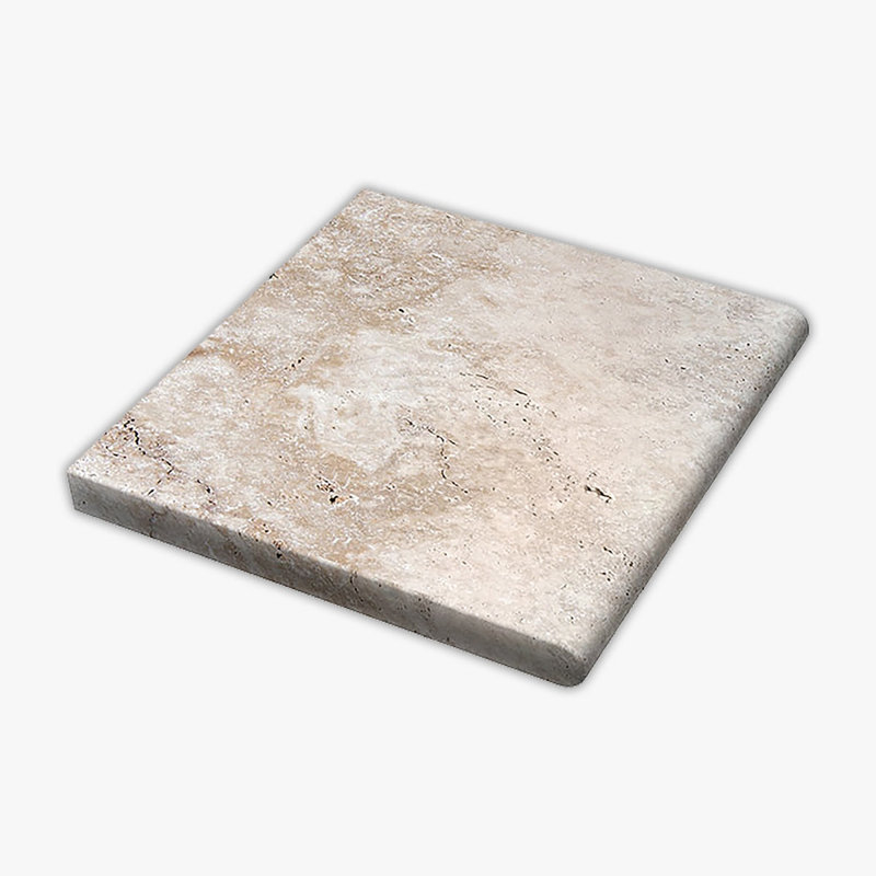 Scabos Tumbled 12x12 Travertine Thick Bullnose Coping, Brown