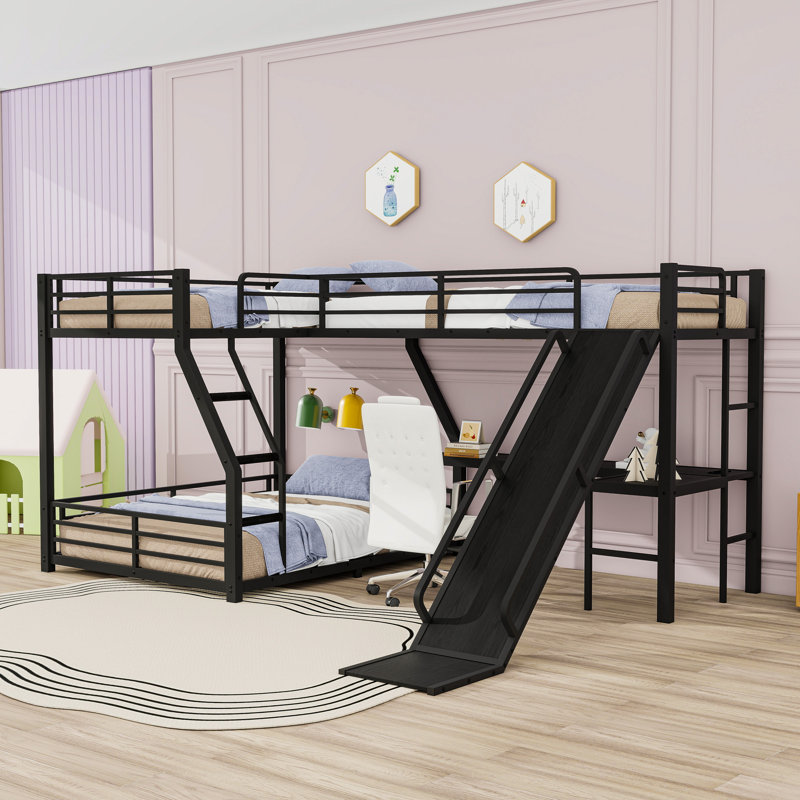 Triple L-Shape Bunk Bed With Slide And Desk,USB Ports, Twin over Full;Twin
