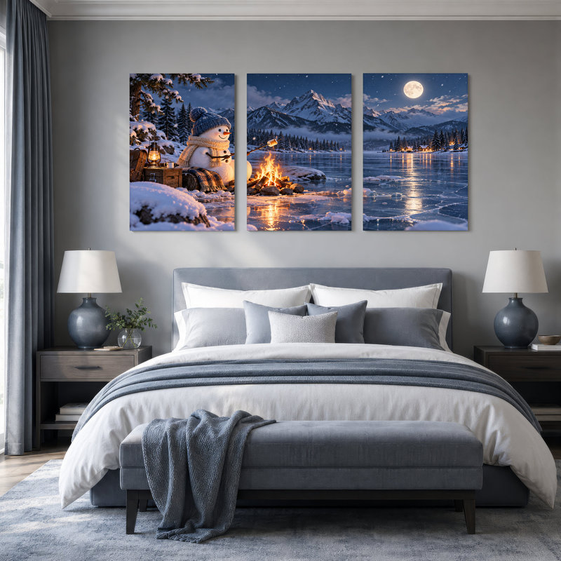 " Snowman Roasting Marshmallows By Christmas " 3 - Pieces, 60"W x 30"H Overall - 3 Panels