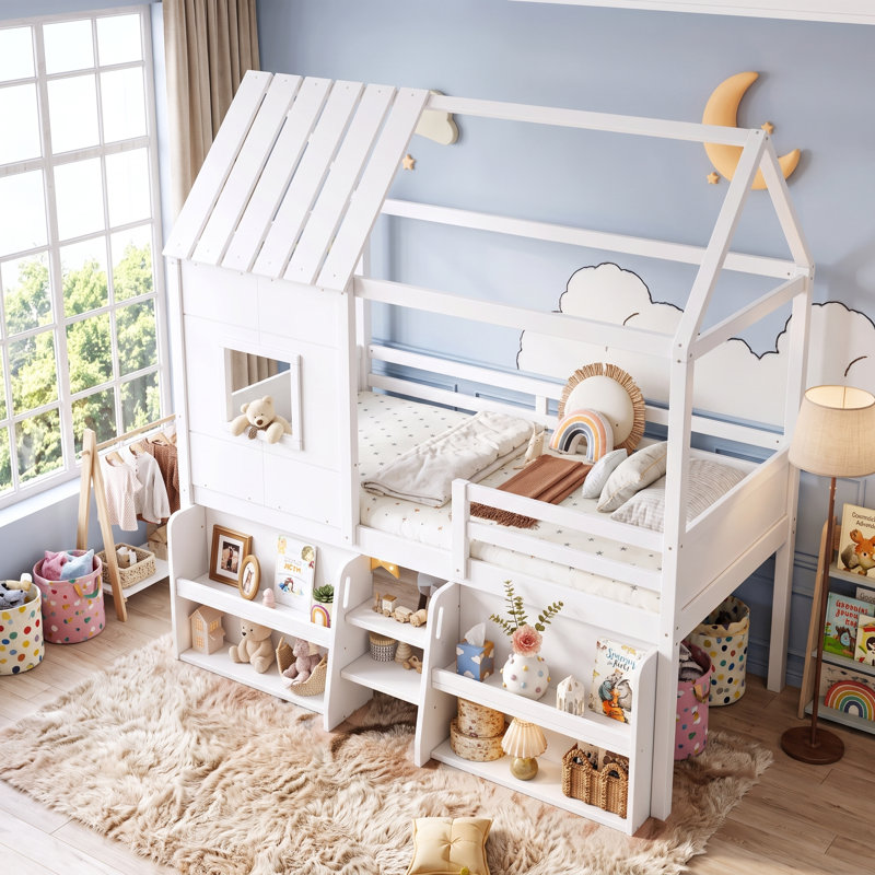 Lit mezzanine avec escalier de rangement pour enfants AVELOR, conception fantaisiste et solution de sommeil sécuritaire, Twin