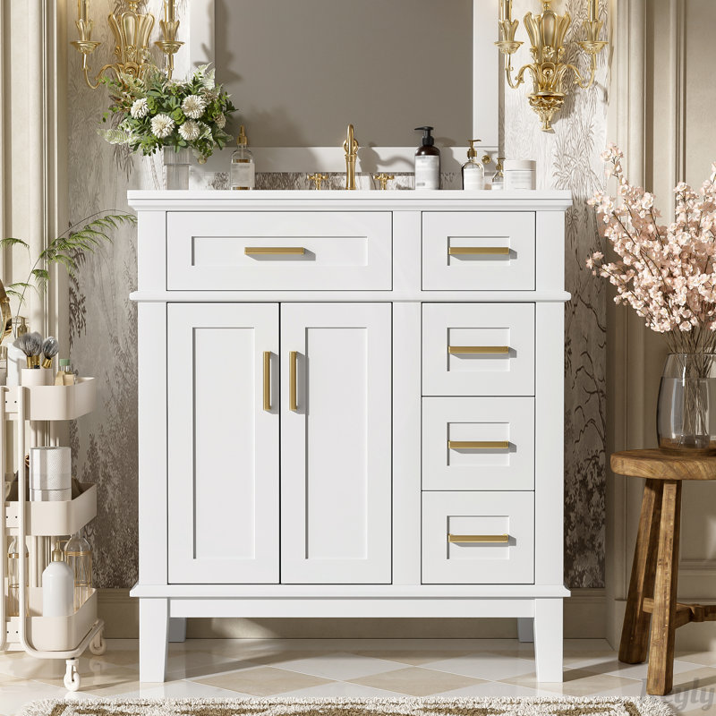 Meuble-lavabo 30 po avec lavabo en céramique, armoire de rangement et tiroir, Blanc