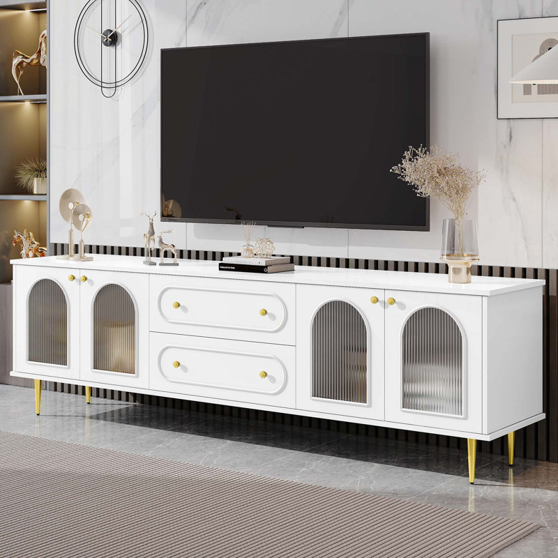 78.7'' Modern TV Stand, TV Cabinet with Five Metal Legs and Metal Handles, 2 Drawers and 2 Cabinets with Fluted Glass Doors For Living room, Up to 80''