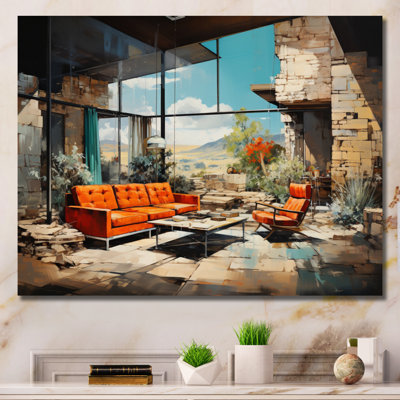 Corail beige Mid-Century audacieux et encadré sur toile