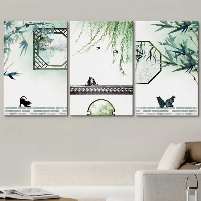 Décoration murale moderne chats jouant dans un jardin chinois, Toile tendue, H 24 po x l 48 po
