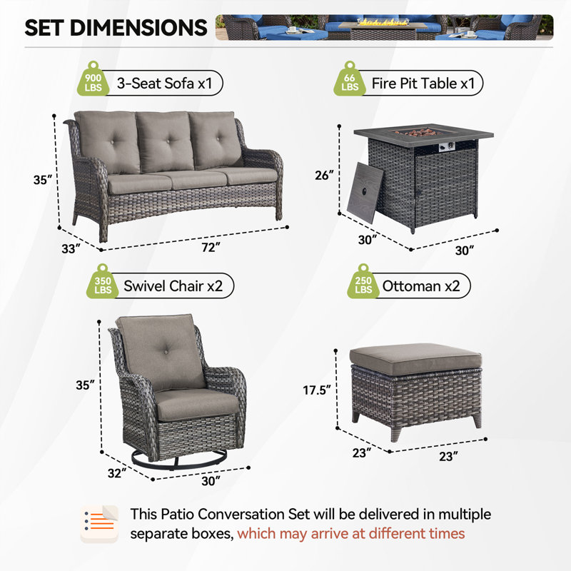 Todmorden 6-Piece All-Weather Wicker Rattan Square Fire Pit Table Conversation Set With Swivel Gliders, Gray, Gray
