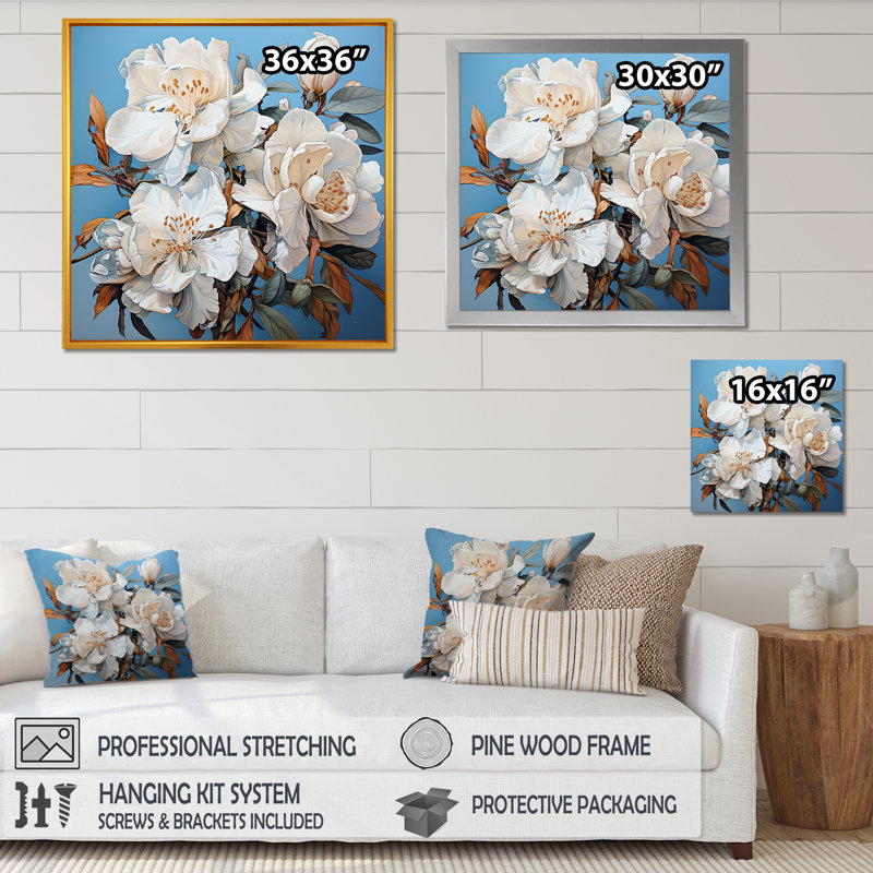 Un bouquet de rhododendrons sur toile, H 16 po x l 16 po x P 1 po, Cadre flottant blanc