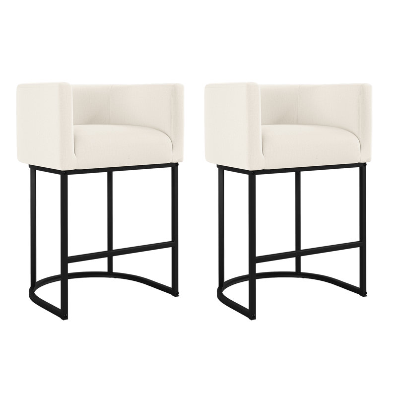 Vernon 27" H Counter Height Bar Stools Set Of 2, Modern Barrel Counter Stools With Backrest And Arms, Metal Frames, Linen Fabric Upholstered Accent Barstools For Kitchen Island