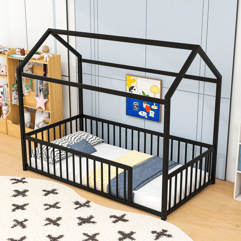 Metal Floor Bed Frame With Fence, Twin, Black