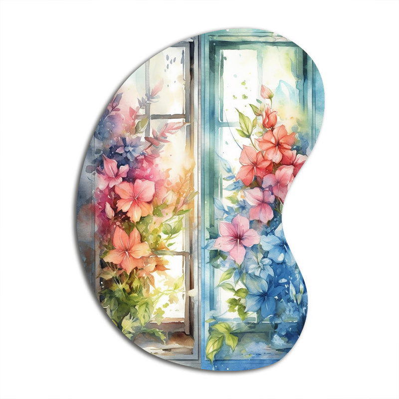 Window Of Floral Blooms I - Window Boom Shape Metal Wall Sculpture, 31" H x 22" W x 1" D