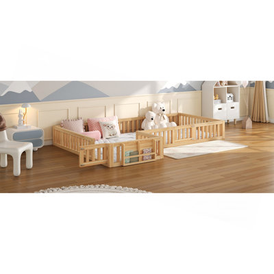 Twin & Full L-Shaped Floor Bed, All-Round Guardrails, Built-in Bookcase & Lockable Safety Gate, Natural