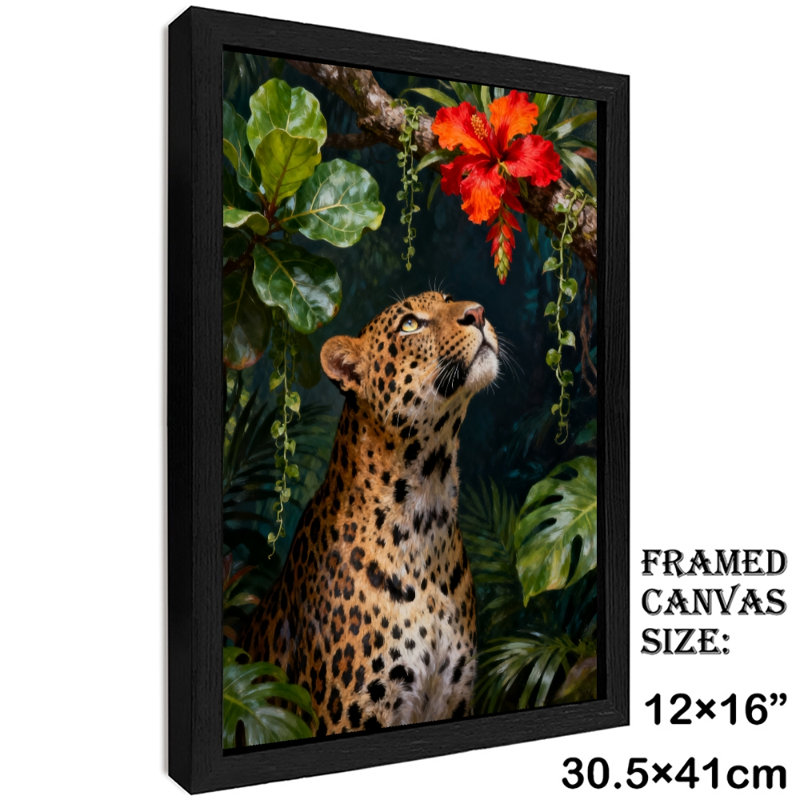 Reproduction d'art encadré noir rétro léopard de la jungle et hibiscus, H 17 po x l 13 po