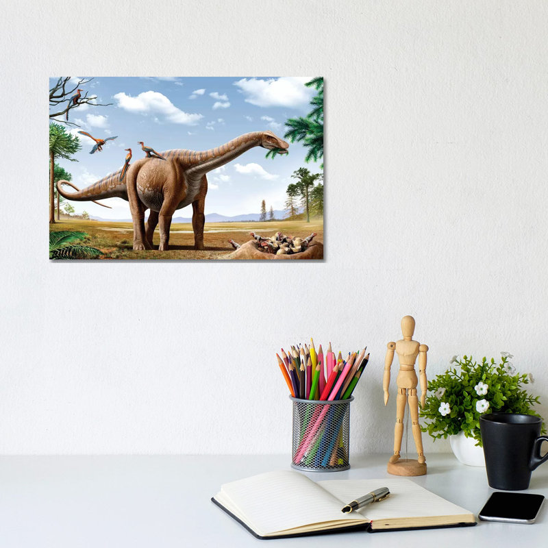 A Rapetosaurus Feeding On Leaves With Rahonavis On Its Back by Mohamad Haghani - Wrapped Canvas Painting