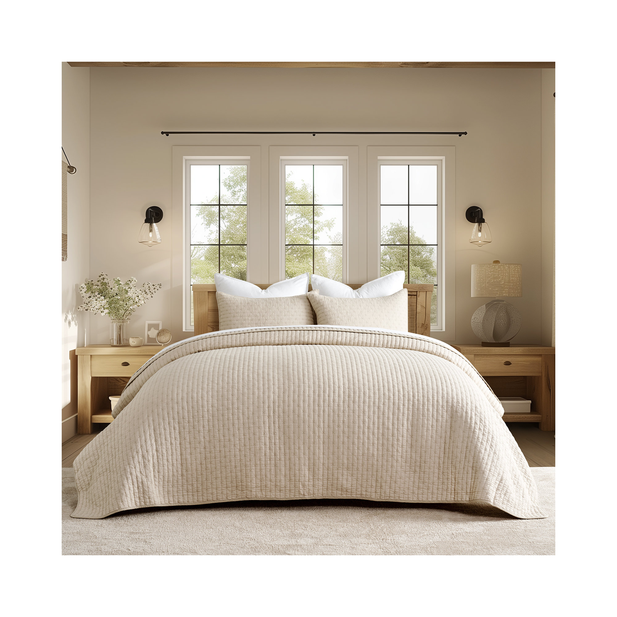 Cross Stitch Cotton Quilt set, Flax Beige, Queen