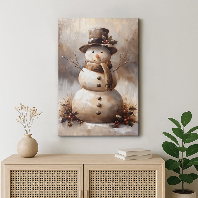 Charmant bonhomme de neige souriant avec écharpe et chapeau haut de forme, Toile tendue, H 24 po x l 16 po