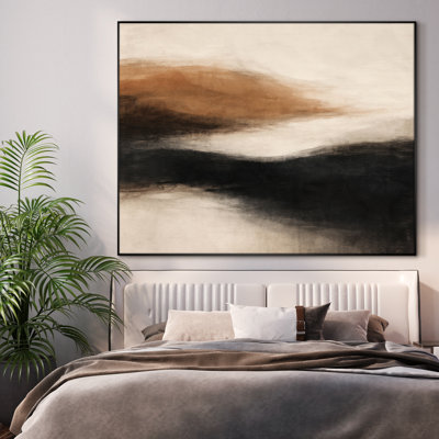 Très grande reproduction d'art sur tissu - Horizon neutre minimaliste abstrait en brun et noir pour un salon moderne - "Assemblage requis du cadre (cadre non fini)"