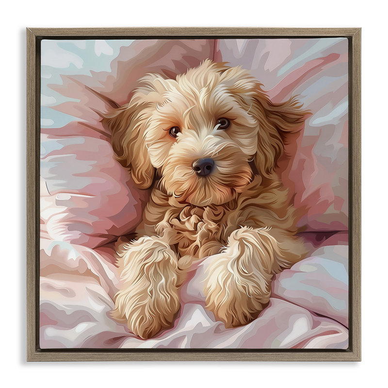  «Cuddling Labradoodle Bed», art mural par Jim Baldwin, H 18 po x l 18 po, Cadre flottant orme Montalcino