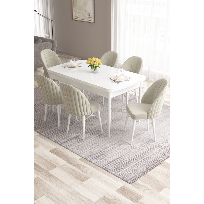 Ensemble de table et chaises de salle à manger moderne extensible (7 pièces), blanc et crème, 51,2 po x 30,7 po x 31,5 po | 100% panneau de fibres à densité moyenne avec pieds en bois et structure de chaise en métal | Coussins en mousse confortables, parfaits pour les réunions de famille