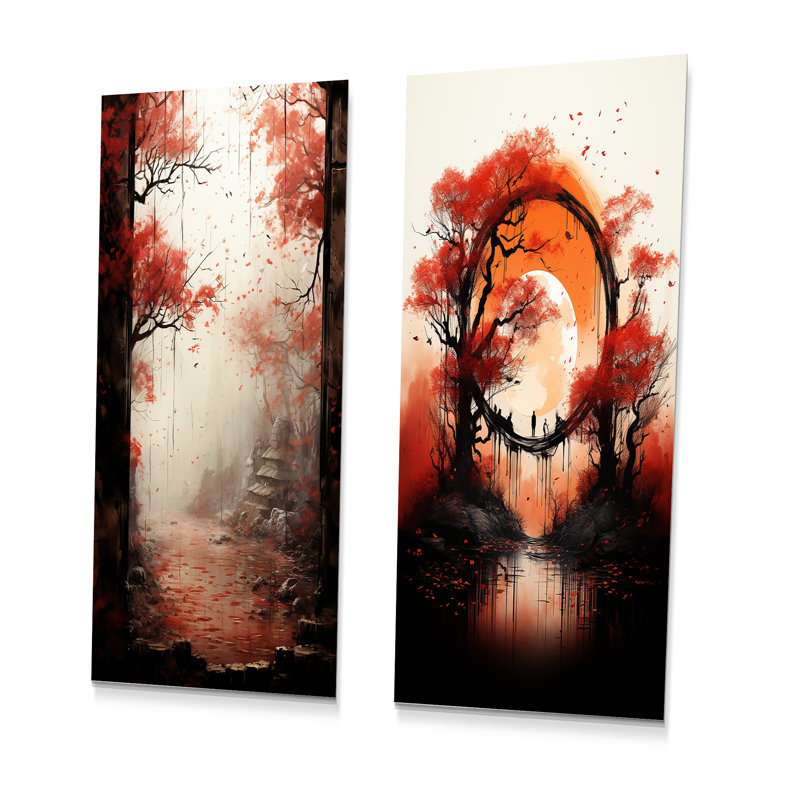 «Red Gothic», Japon, forêt, vue II - ensemble de 2 reproductions d'art japonais en métal, H 32 po x l 32 po