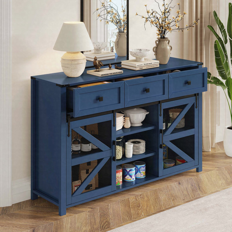 Buffet 55 "avec porte de grange coulissante Farmhouse, armoire de rangement avec tablettes réglables, Marine