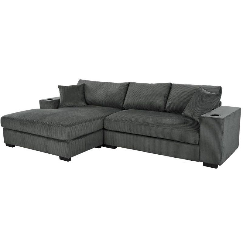Landry Corduroy Sectional Sofa With Cup Holders & Charging Ports, Gray