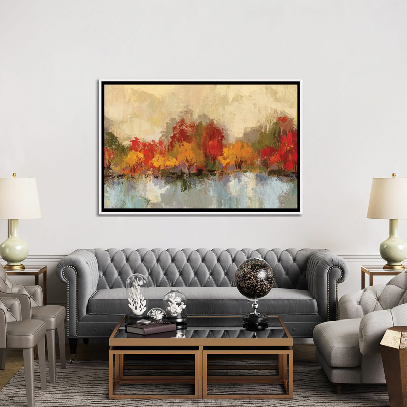 Autumn River Reflection - impression d'art mural, H 40 po x l 60 po, Reproduction encadrée sans passe-partout, Blanc