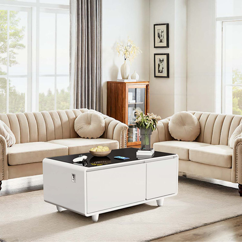 Table basse Modern Smart avec réfrigérateur intégré, Blanc/Noir, H 18,23 po x L 41,54 po x l 23,03 po