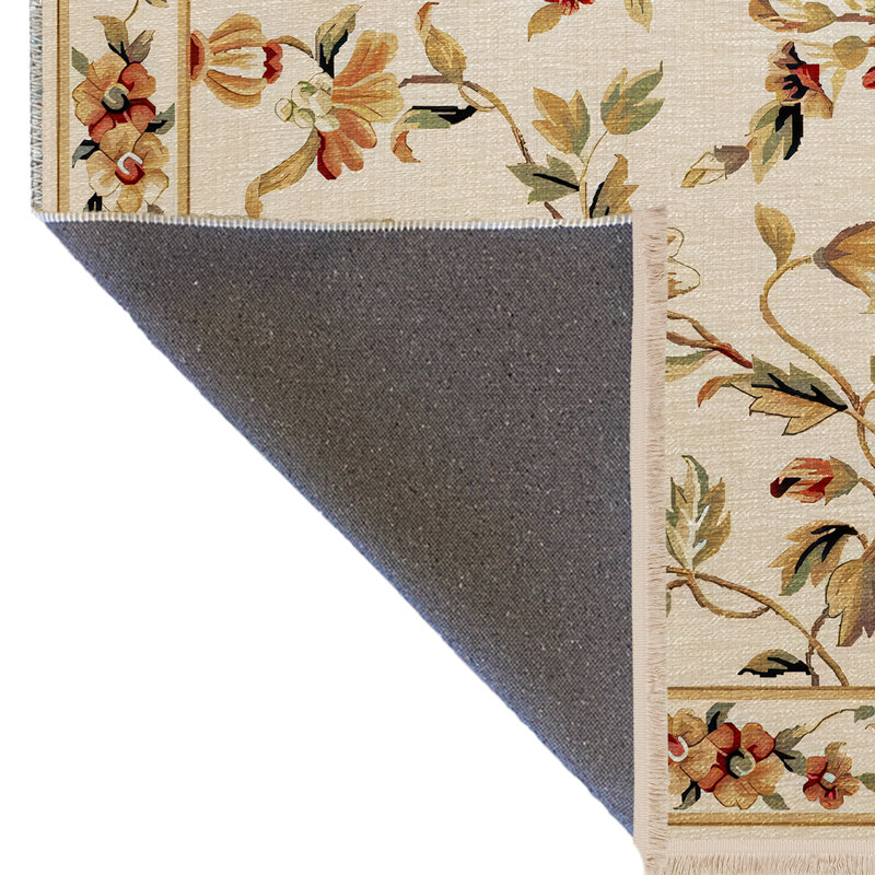 Tapis décoratif à motif floral frangé brun et beige, Rectangle 5 pi 1,02 po x 7 pi 6,55 po