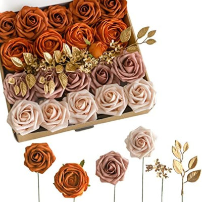 Artificial Flowers Box Set 5 Style Flowers For DIY Wedding Decoration Bouquet Table Centerpieces Aisle Arch Flower Decoration Bridal Shower Party Home Decor, Gorgeous Burnt Orange