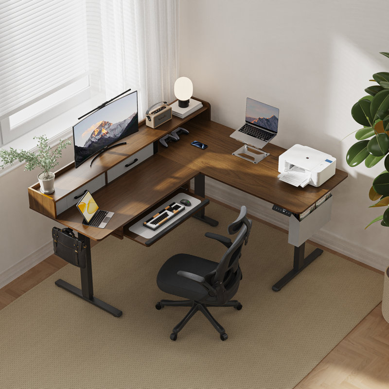 63" Height Adjustable L Shaped Standing Desk with 2 Drawers and Keyboard Tray, Electric Sit to Stand Home Office Comupter Table, Ergonomic Corner Gaming Desk, Black Walnut