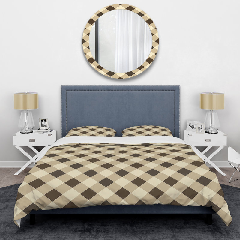 Ensemble de housse de couette moderne à motif vichy brun et beige vichy IV, Housse de couette pour grand lit et 2 taies décor
