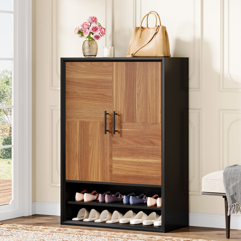 7-Shelf Rustic Tall Shoe Cabinet with Doors & Open Storage