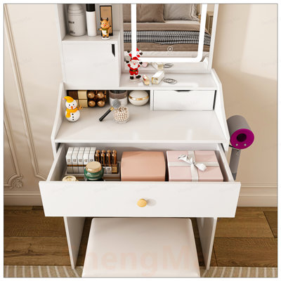 Miroir de salle de bain à 3 DEL avec tabouret, coiffeuse pour chambre à coucher, 2 tiroirs, 5 armoires de rangement (4 ouvertes et 1 cachée), éclairage réglable