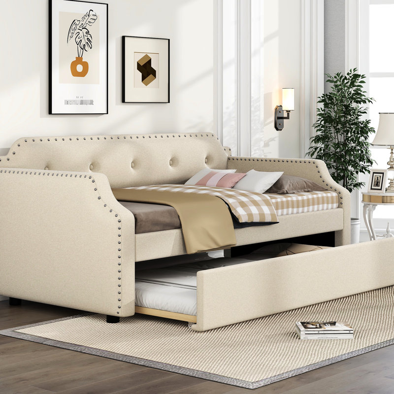 Lit de jour rembourré avec lit gigogne, beige pour lit simple, Beige