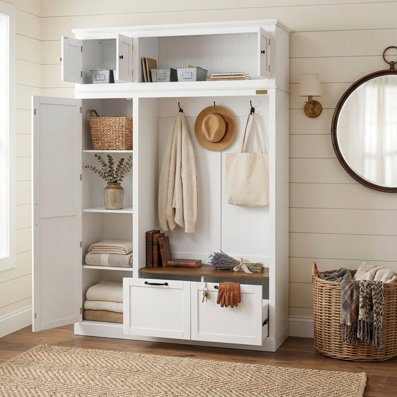59" Wide Modern Farmhouse Entryway Hall Tree With Storage Bench, White
