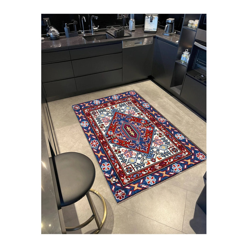 Blue Beige Themed Geometric Patterned Creative Modern Decorative Carpet, Round 3'4"