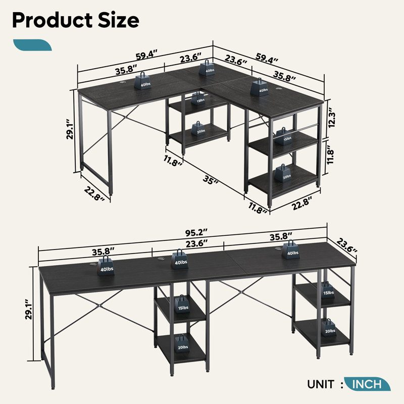 Bureaux en L 95,2 po avec tablettes, bureau d'ordinateur de coin réversible ou table longue pour 2 personnes Nedyo, Noir
