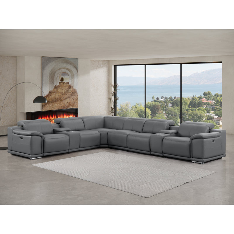 8-Piece L-Shaped Power Reclining Sectional In Genuine Leather – 3 Recliners, Dark Gray Top Grain Leather