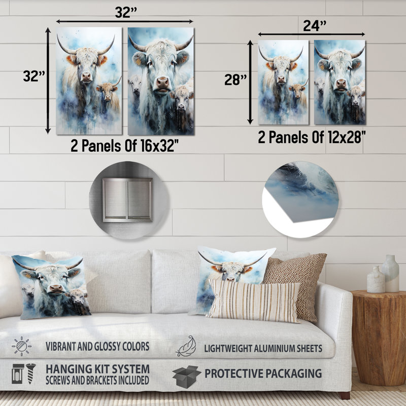 Aquarelle Highland Yaks Family - ensemble de 3 impressions de métal Yaks, H 28 po x l 24 po
