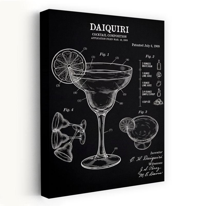 Daiquiri Cocktail Brevet Classic, impression murale rétro, White, 24" H x 16" W