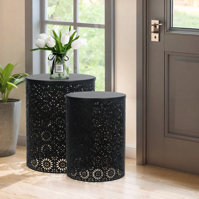 Set Of 2 Hollow-Carved Round Metal End Tables