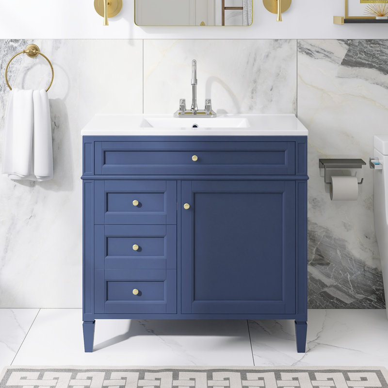 Meuble-lavabo simple 36 po avec plateau en céramique, Bleu, Doré