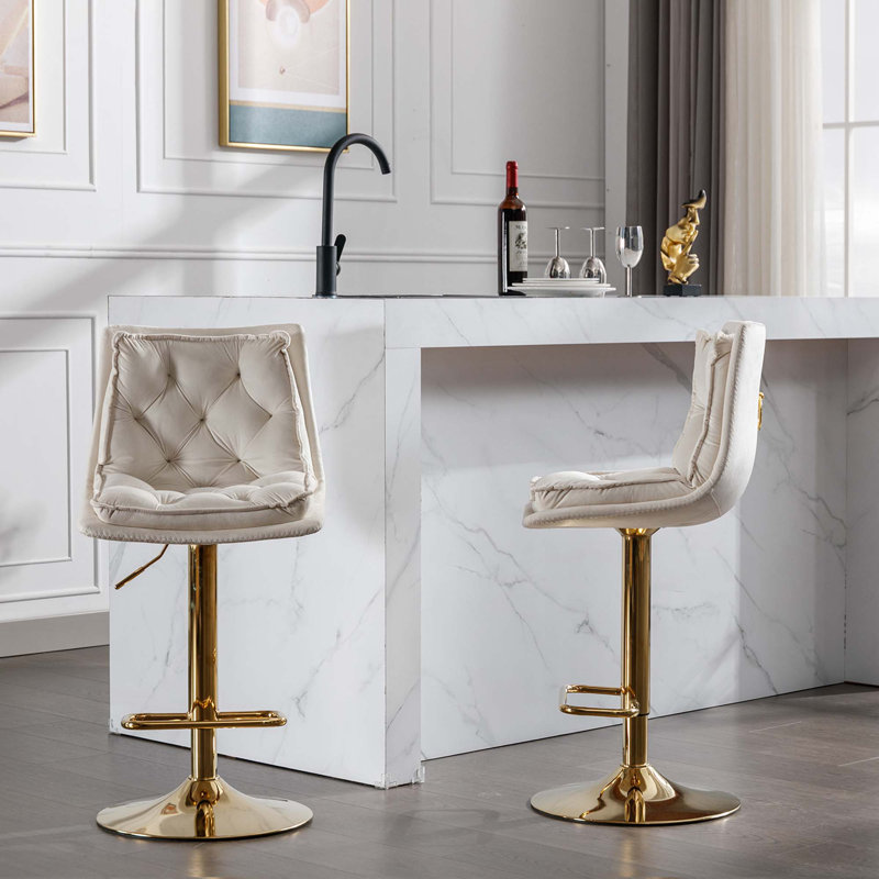 Ensemble de 2 tabourets de bar, avec repose-pieds chromé et base pivotante réglable en hauteur, Beige