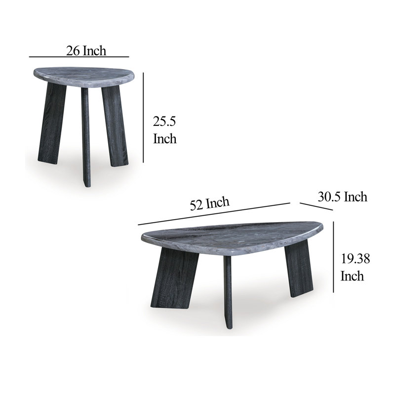 Ensemble de table basse 3 pièces Bey, plateau en faux marbre gris, base à panneau géométrique
