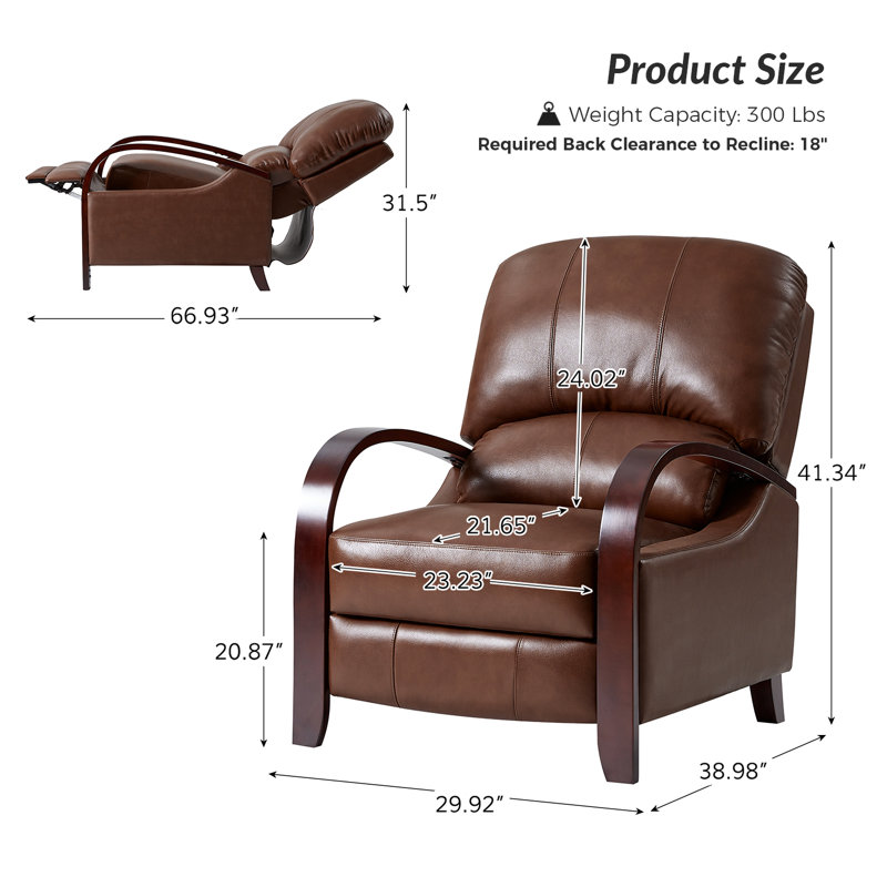 Alexandra 30" W Mid-Century Modern Manual Recliner with Bentwood Arms, Cuir fleur brun