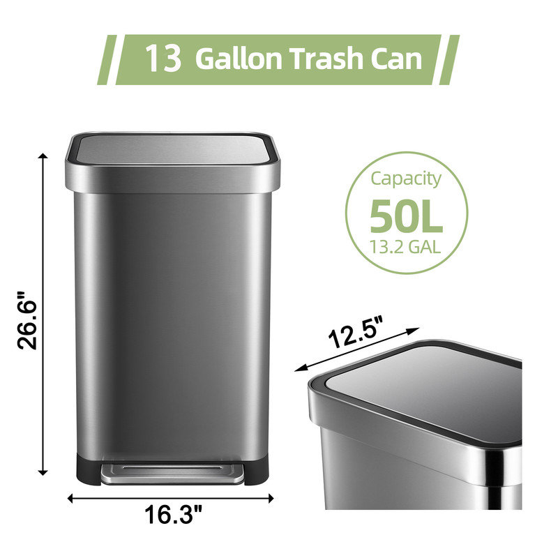 Poubelle de cuisine 13 gallons / 50 L avec support de sac poubelle, poubelle à marches sans seau intérieur