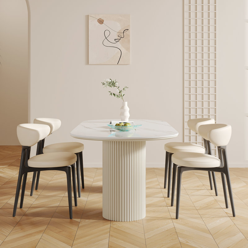 Table de salle à manger de style Mid-Century 71 po avec table en pierre brillante, table de cuisine rectangulaire avec double caisson en bois massif pour 6 personnes Maxsony