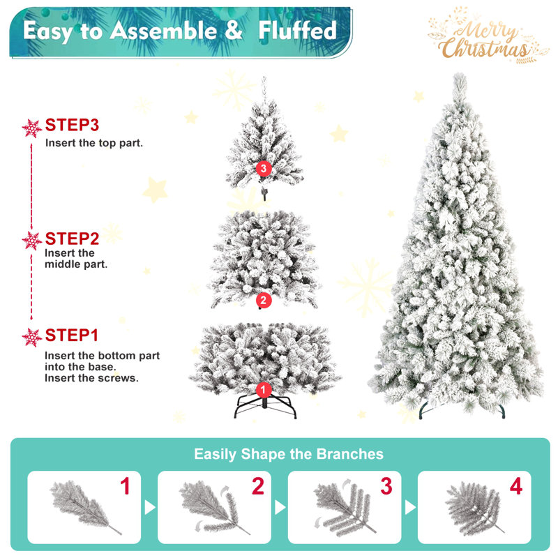 Arbre de Noël floqué avec pointes - PVC enneigé et branches à aiguilles dures, structure à charnières pour une installation facile, support en métal stable - arbre de Noël réaliste à corps entier
