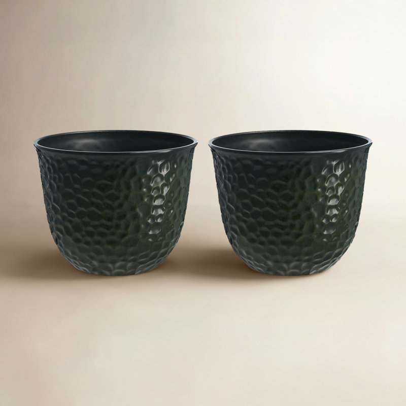 15.25"D Set Of 2 Honeycomb Textured Green Faux Ceramic Pot Plastic Planter, Green